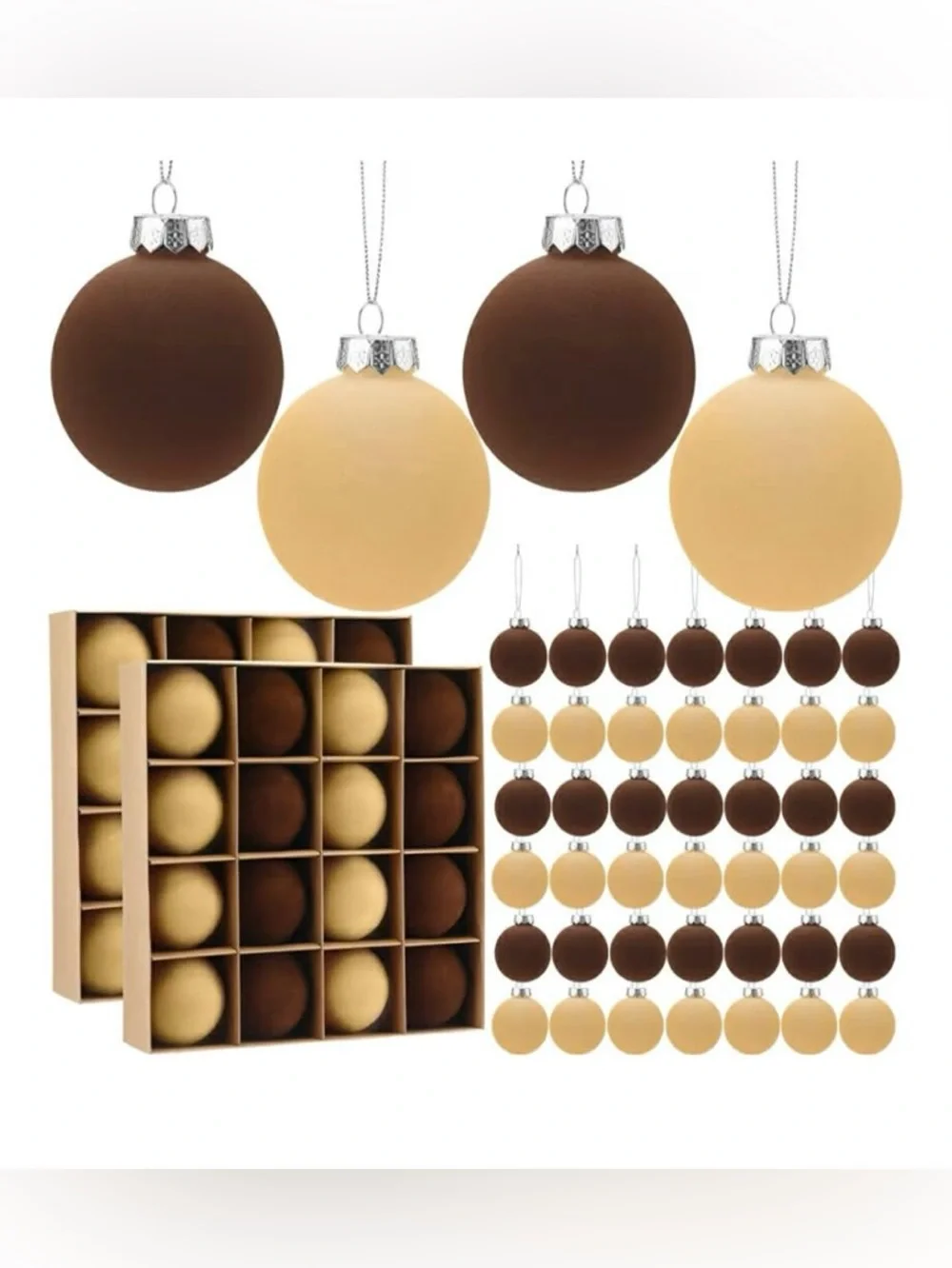 48 Velvet Christmas Ornament Balls Set- 24 brown velvet and 24 beige velvet
